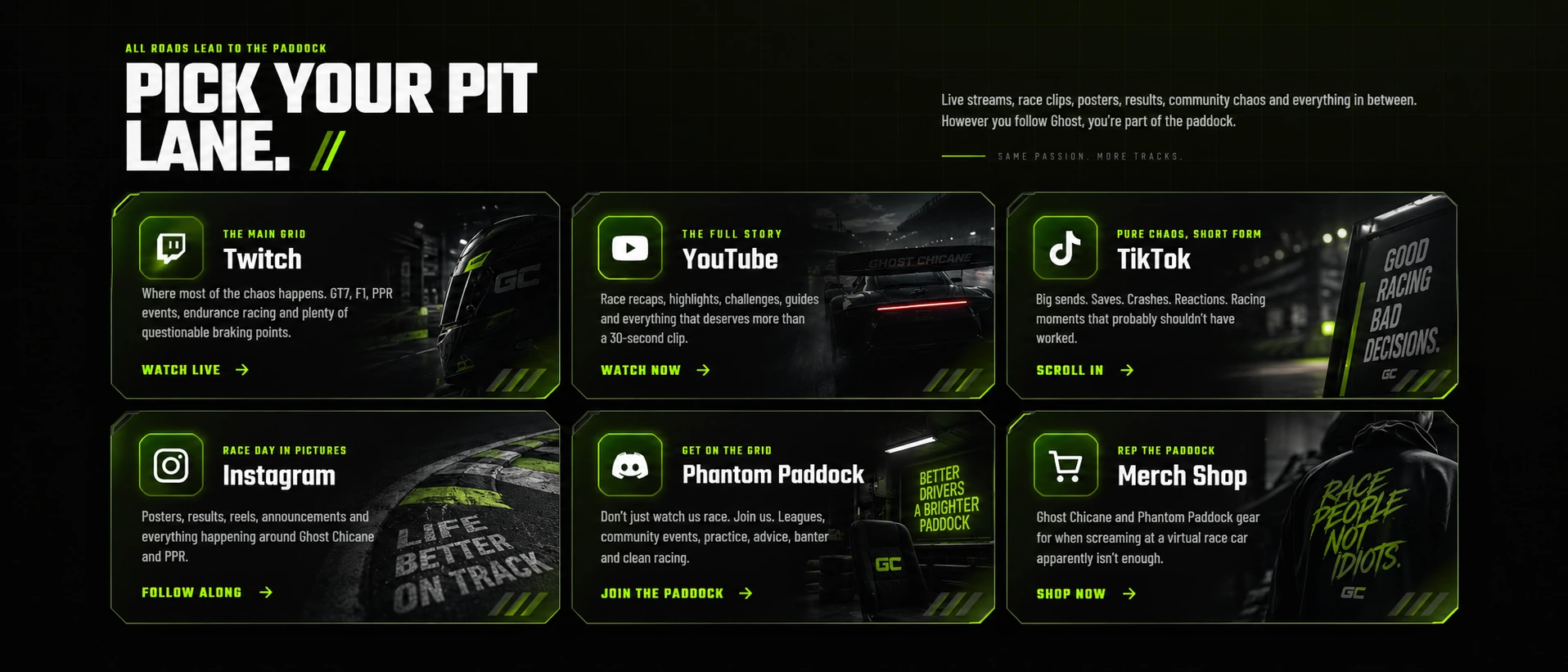 Pick Your Pit Lane — Twitch, YouTube, TikTok, Instagram, Phantom Paddock and Merch Shop
